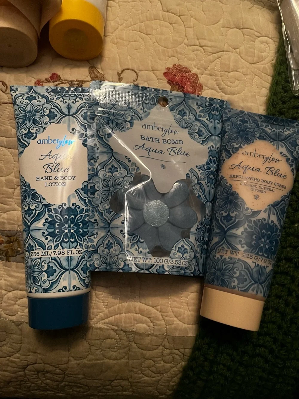 Amberglow Aqua Blue Bath Set — Hand & Body Lotion, Bath Bomb, Exfoliating Scrub